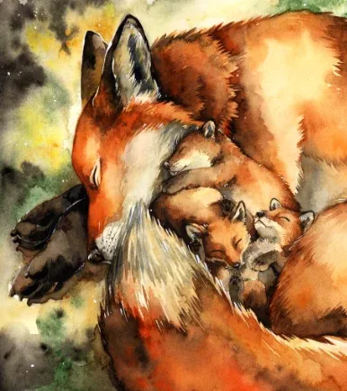 Original Painting - Mother Fox with Pups