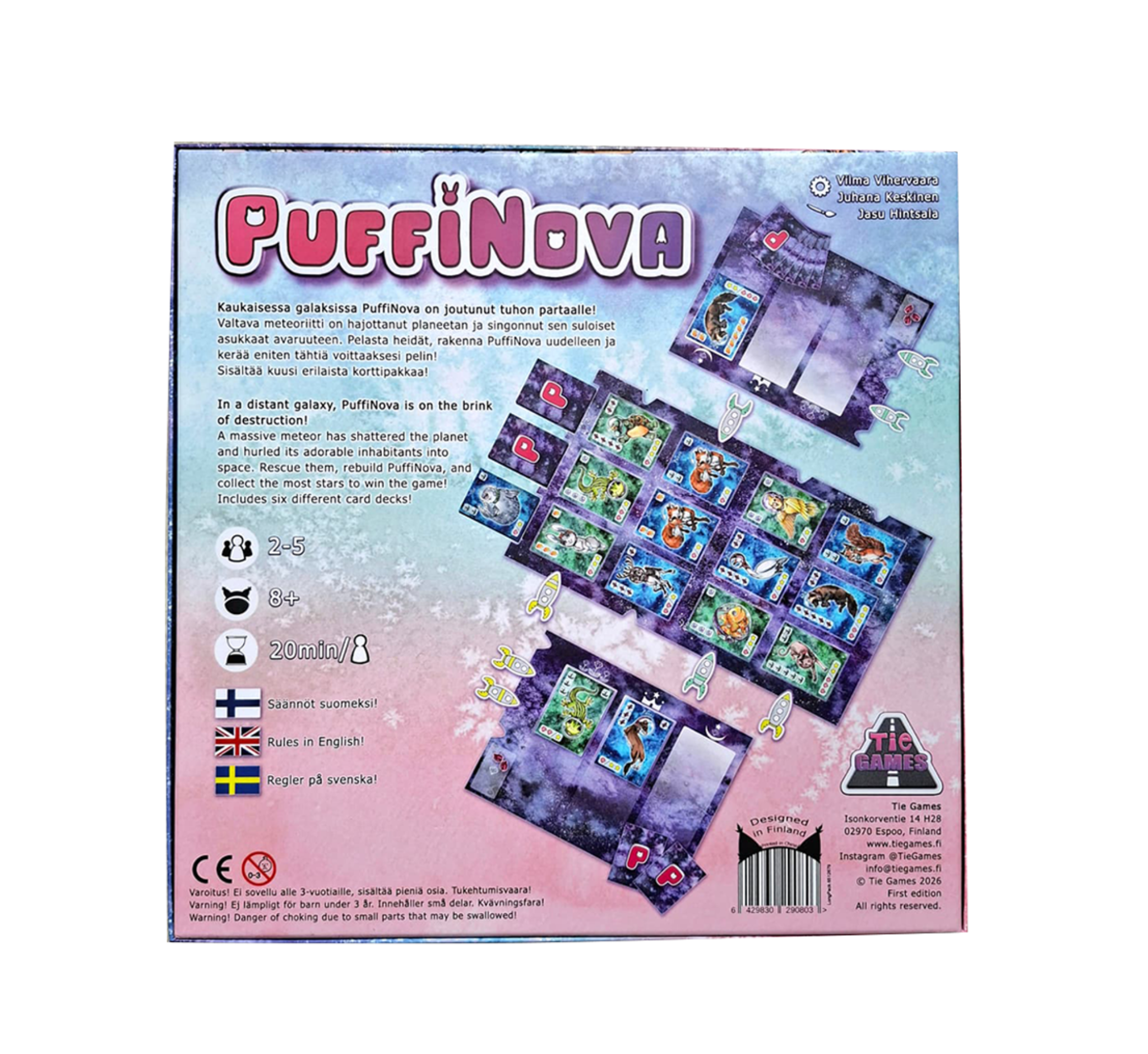 Back of PuffiNova board game box with gameplay overview
